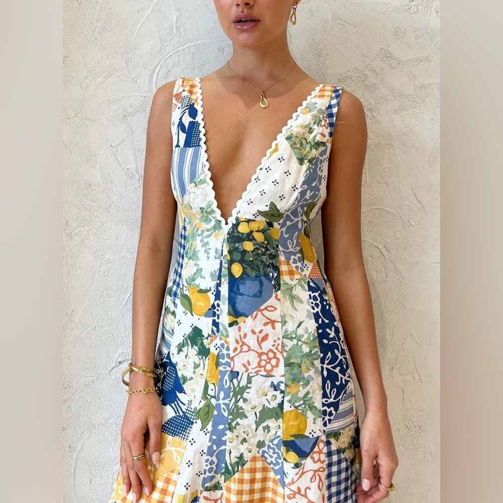 Commense Lemonade Print Lace Trim Long Dress - Picture 4 of 15